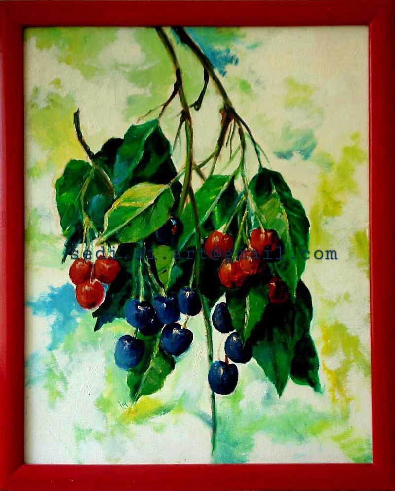 an oil painting of cherries