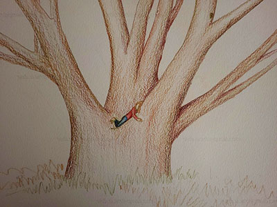 someone is lying on a tree