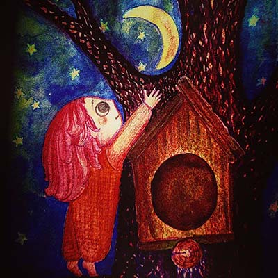 a girl touching the moon