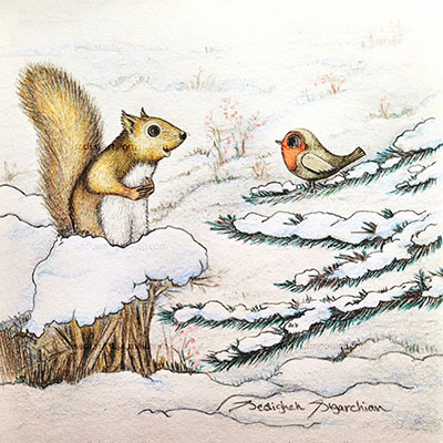 a squirrel and bird