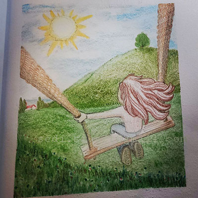 a girl is playing on with swing